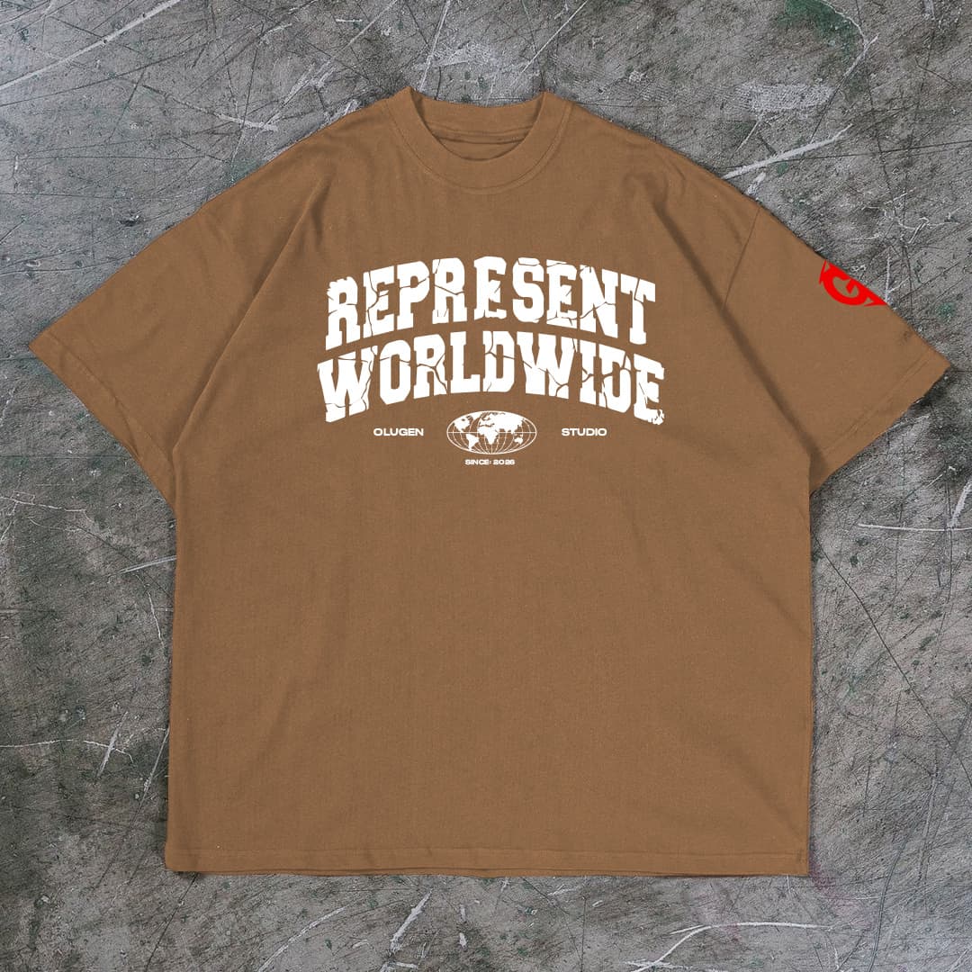 "REPRESENT WORLDWIDE" Premium Brown Drop Shoulder T-Shirt